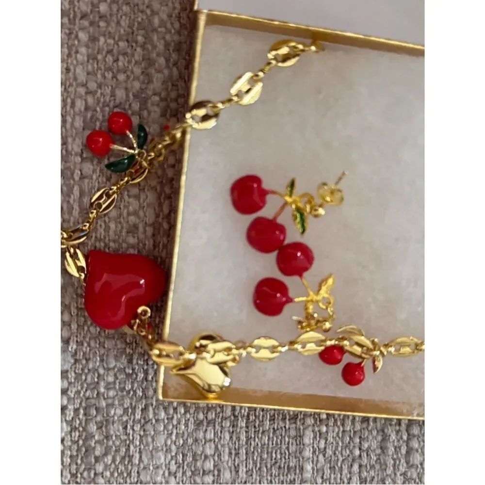 Gold-Tone Red Cherry and hearts Pendants Necklace and Earring Set